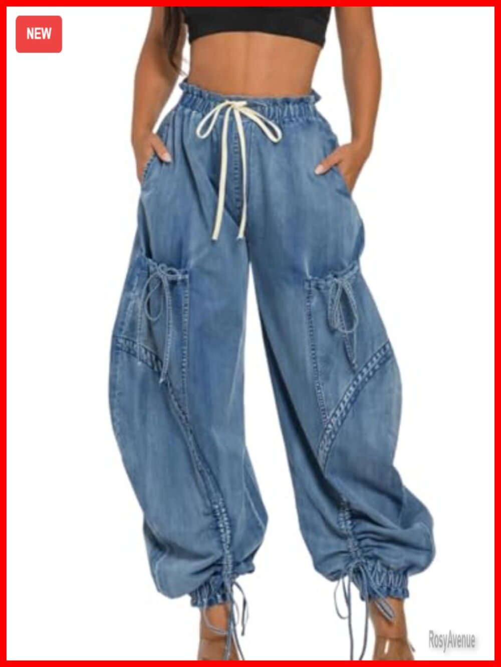 High Waisted Baggy Cargo Jogger Jeans Wide Leg Drawstring Pockets Harem Denim